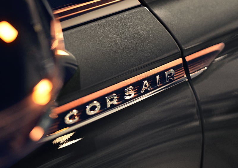 The stylish chrome badge reading “CORSAIR” is shown on the exterior of the vehicle. | Hines Park Lincoln in Plymouth MI