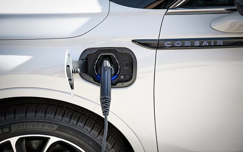 Close up picture of Lincoln Corsair charging port while connected to the charger